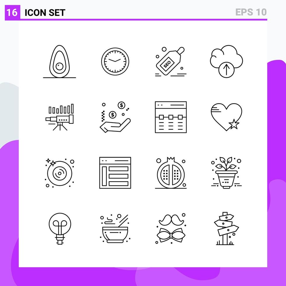 Set of 16 icons in Line style. Creative Outline Symbols for Website Design and Mobile Apps. Simple Line Icon Sign Isolated on White Background. 16 Icons. vector