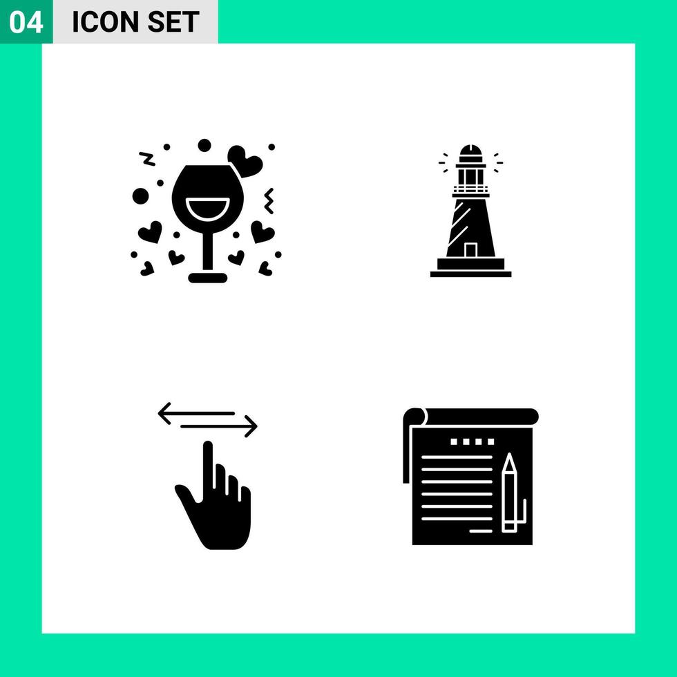 paquete de 4 conjuntos de iconos de estilo sólido. símbolos de glifos para imprimir. signos creativos aislados sobre fondo blanco. 4 conjunto de iconos. vector