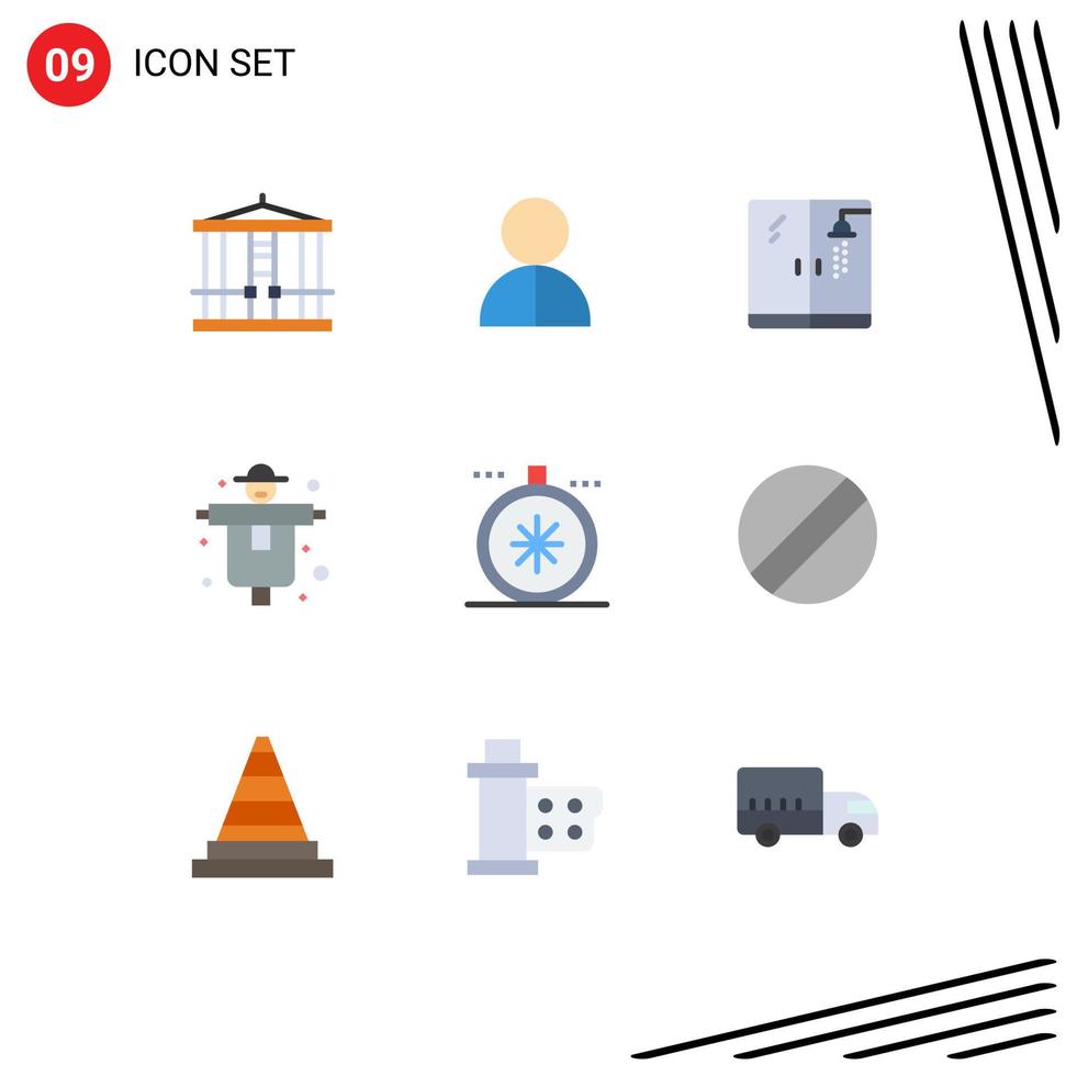 Mobile Interface Flat Color Set of 9 Pictograms of direction scarecrow thief farming agriculture Editable Vector Design Elements