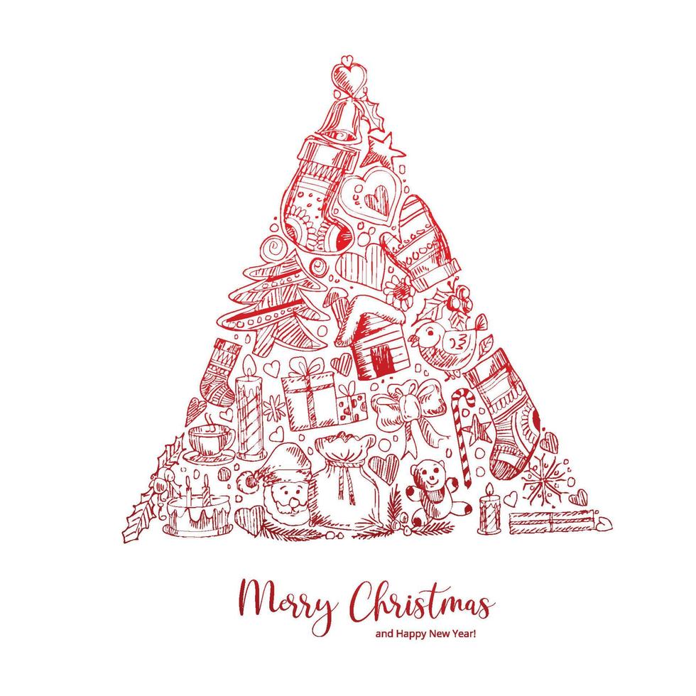 Merry christmas decorative sketch tree card on white background vector