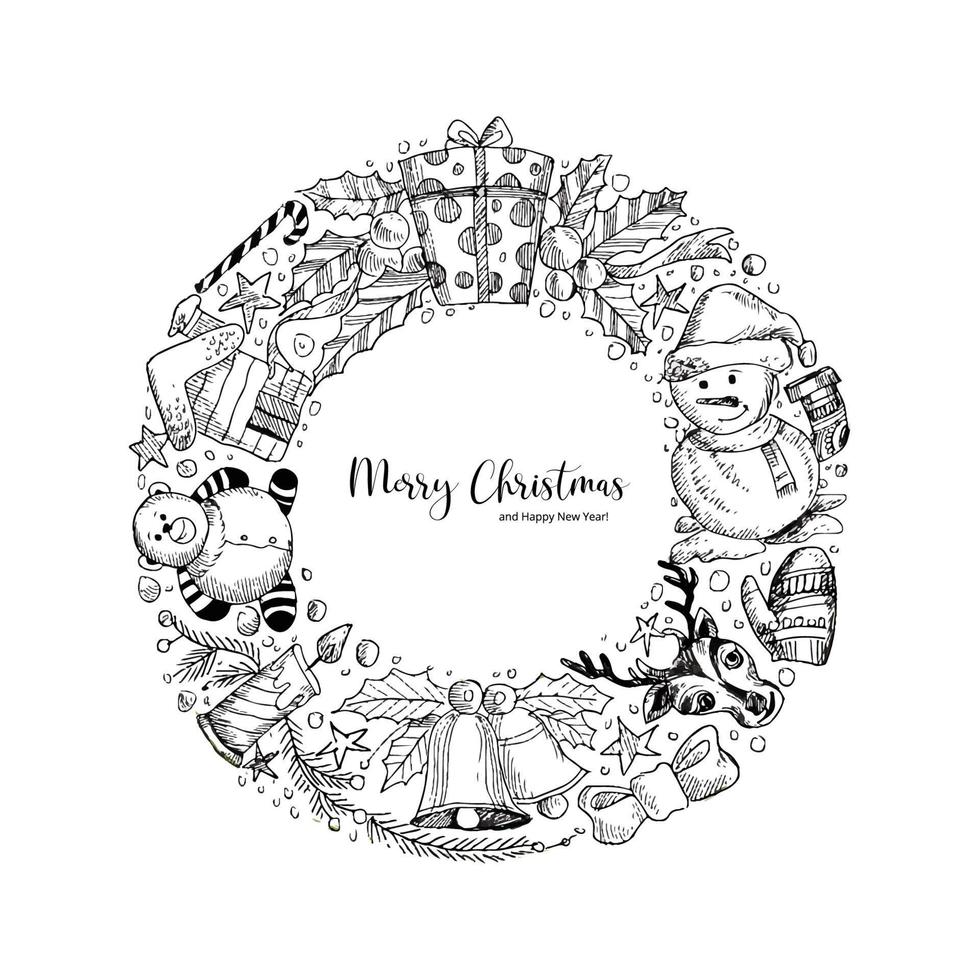 Hand draw circular christmas elements sketch holiday card background vector