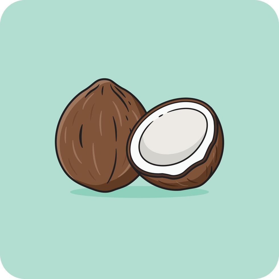 coco maduro y medio coco marrón cáscara dura, coco roto, diseño vectorial y fondo aislado. vector