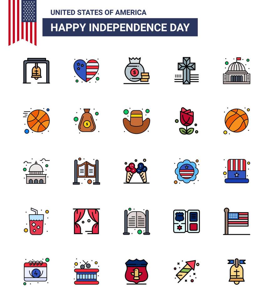 feliz día de la independencia paquete de iconos de 25 líneas planas llenas para web y casa de impresión lugar dólar iglesia estadounidense elementos de diseño vectorial editables del día de EE. UU. vector