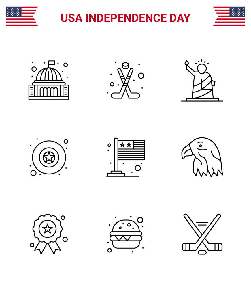 9 USA Line Pack of Independence Day Signs and Symbols of country military sport badge statue Editable USA Day Vector Design Elements