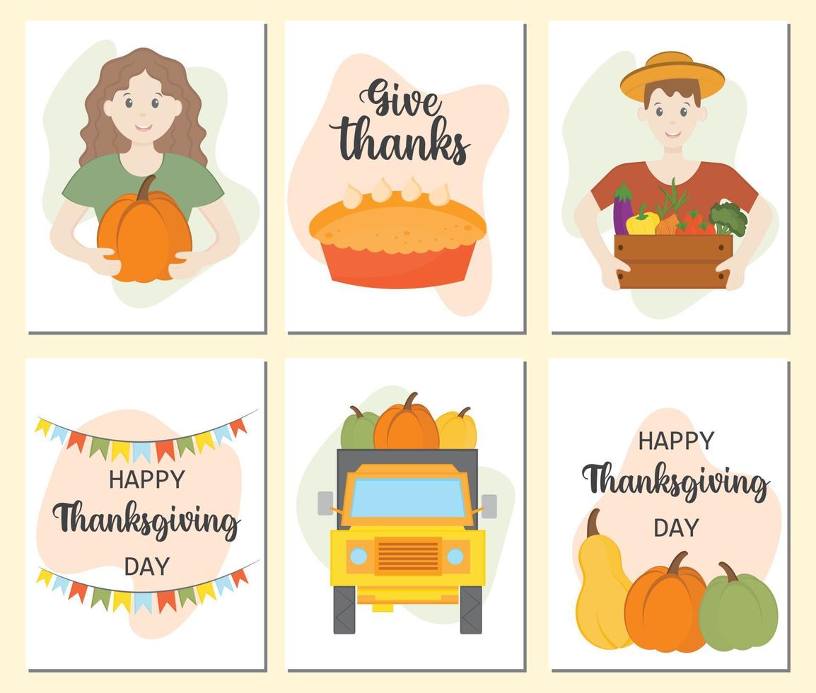 feliz día de acción de gracias tarjetas de felicitación e invitaciones diseño de saludos de temporada. chica con calabaza, granjero con cosecha, coche con calabazas, pastel y ambiente festivo. plantillas de moda de acción de gracias. vector