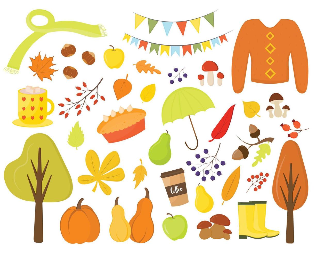 Set of autumn elements falling leaves, pumpkins, sweater, trees, berries. Collection of autumn attributes isolated. Fall season elements perfect for scrapbook, card, poster, invitation, sticker kit. vector