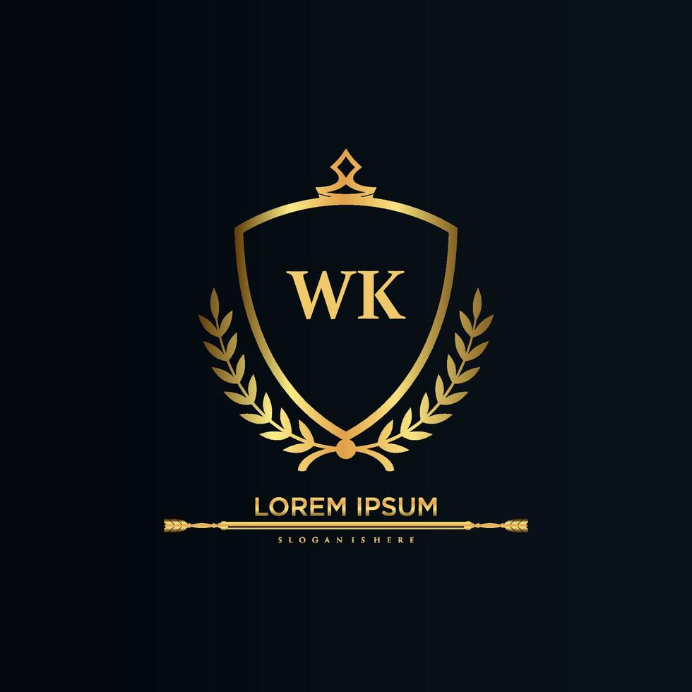 WK Letter Initial with Royal Template.elegant with crown logo vector, Creative Lettering Logo Vector Illustration.