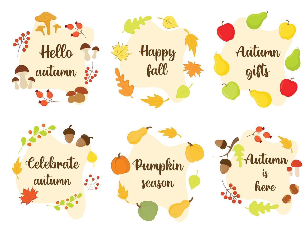 Bundle of seasonal vector autumn frames with hand drawn lettering. Autumn phrases with cute and cozy design elements pumpkins, mushrooms, apples, plants, leaves, berries. Trendy fall designs.
