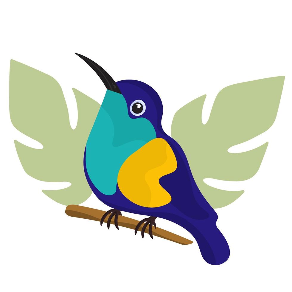 Bright colored parrot and tropical leaves. Cockatoo parrot in the tropics. Exotic birds. Multicolored summer bird. vector
