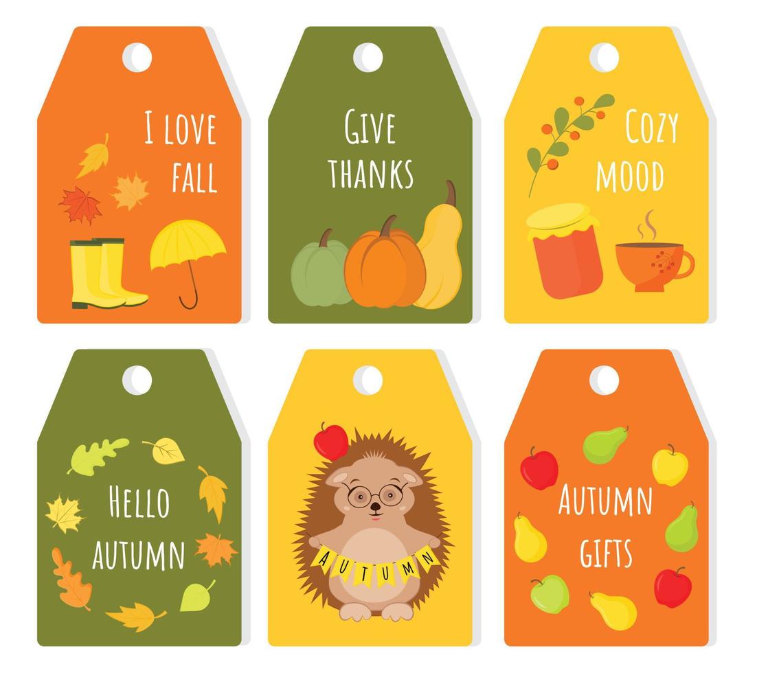 Cute vector set of autumn gift tags. Gift labels for fall season. Perfect for Thanksgiving Day, autumn birthday presents, sales and gifts. Creative hand drawn collection of hand tags for autumn mood.