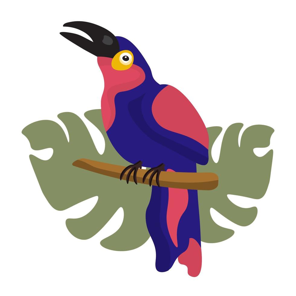 Bright colored parrot and tropical leaves. Cockatoo parrot in the tropics. Exotic birds. Multicolored summer bird. vector