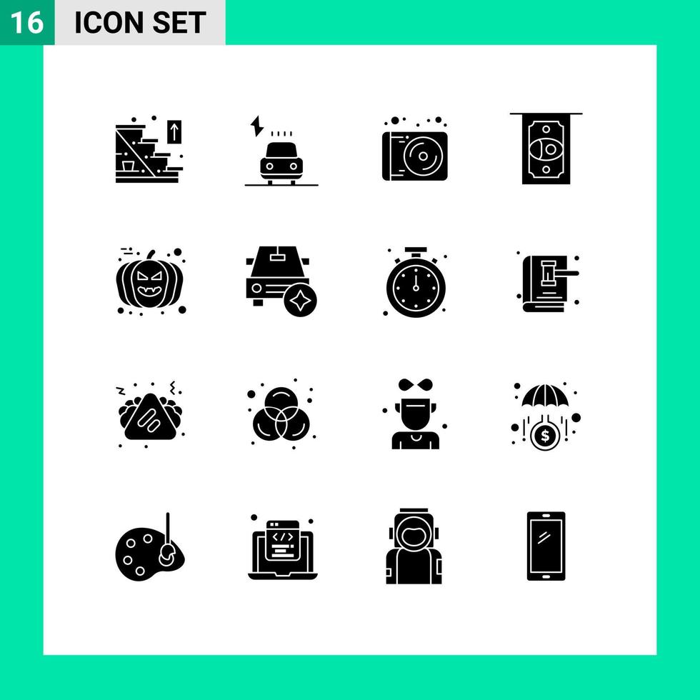 16 Universal Solid Glyphs Set for Web and Mobile Applications pumpkin face device money atm Editable Vector Design Elements