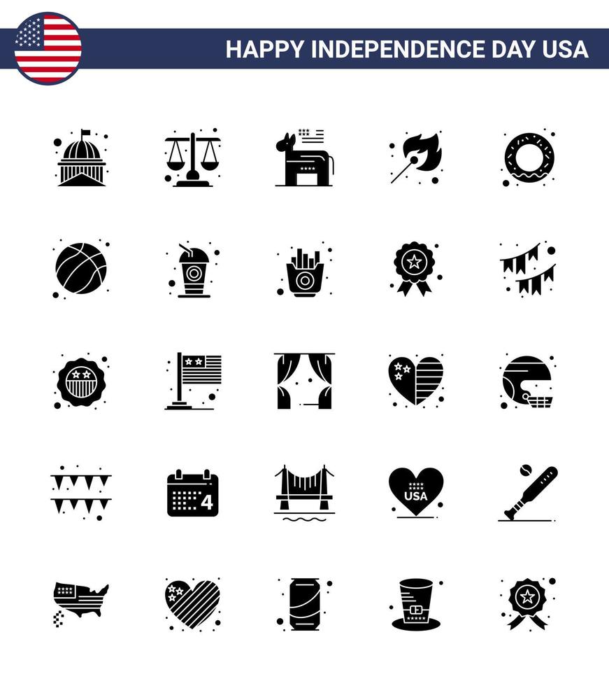 Solid Glyph Pack of 25 USA Independence Day Symbols of donut match scale fire symbol Editable USA Day Vector Design Elements