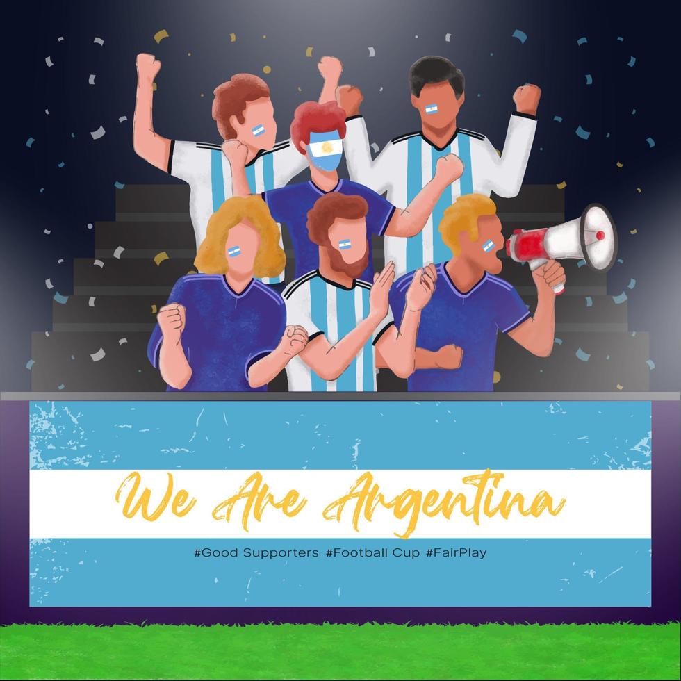 Group of argentina football supporters fans are cheering and support their team victory vector