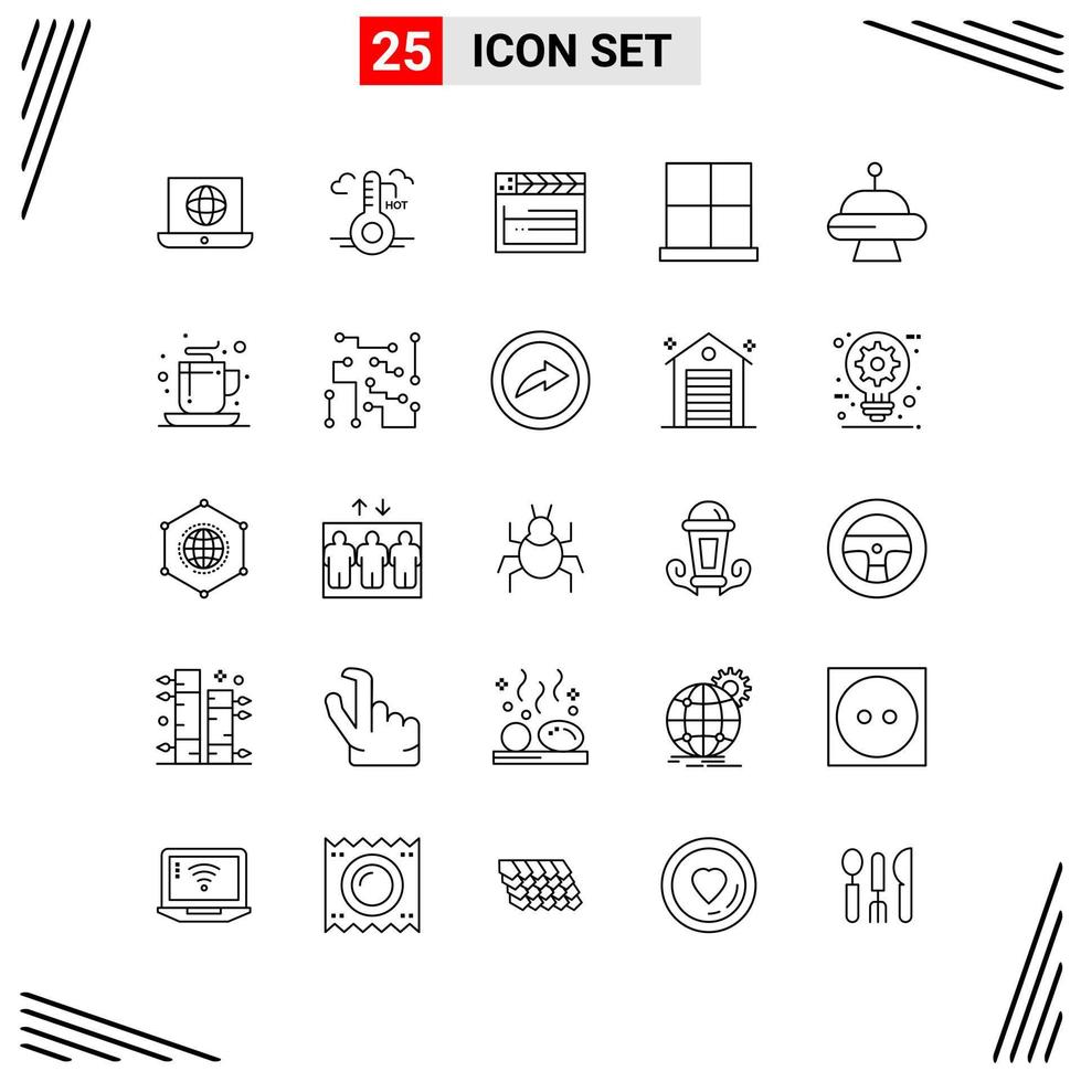 Estilo de línea de 25 iconos. símbolos de esquema creativos basados en cuadrículas para el diseño de sitios web. signos de icono de línea simple aislados en fondo blanco. 25 conjunto de iconos. vector