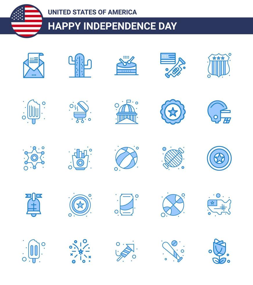 USA Independence Day Blue Set of 25 USA Pictograms of badge laud american speaker parade Editable USA Day Vector Design Elements