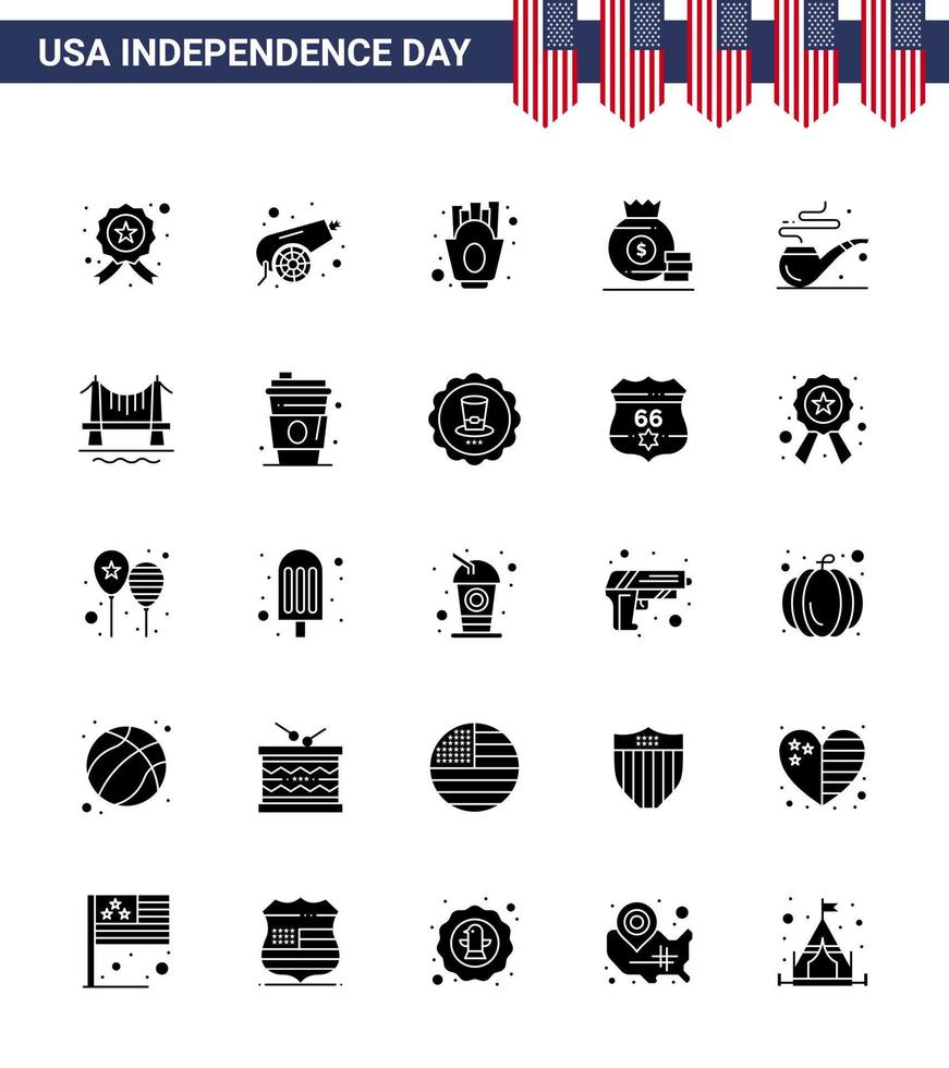 Group of 25 Solid Glyph Set for Independence day of United States of America such as smoke american chips money dollar Editable USA Day Vector Design Elements
