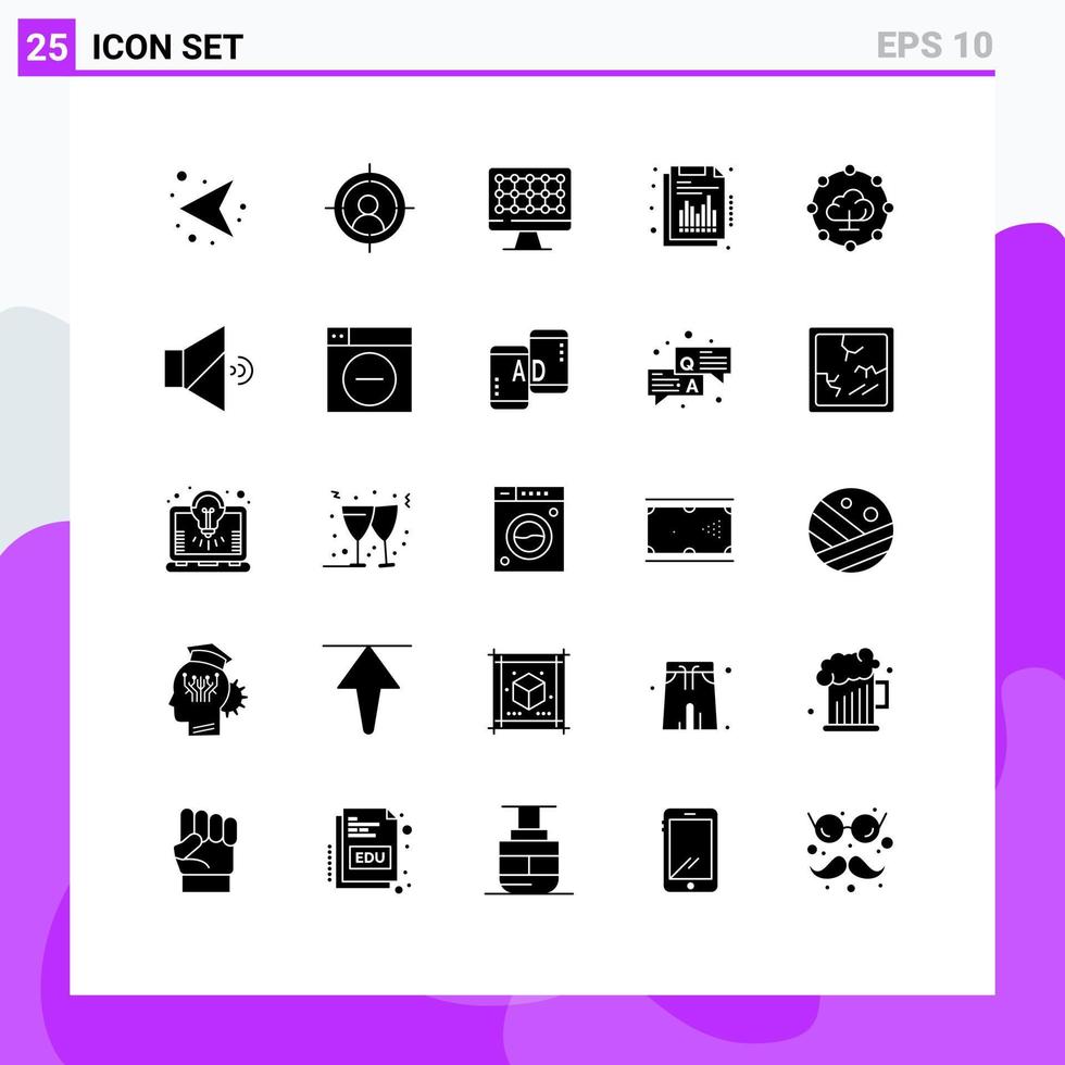 25 Universal Solid Glyph Signs Symbols of mute network technology cloud computing quarterly Editable Vector Design Elements