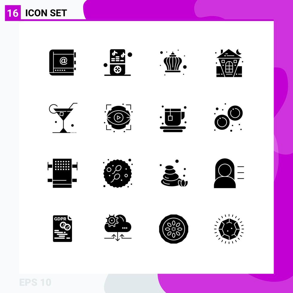 Group of 16 Solid Glyphs Signs and Symbols for halloween castle music day crown Editable Vector Design Elements