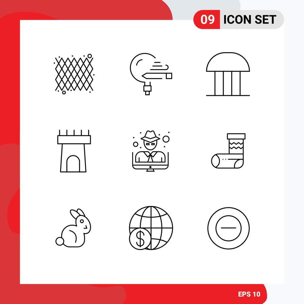 9 Creative Icons Modern Signs and Symbols of hacker castle study beach court of law Editable Vector Design Elements