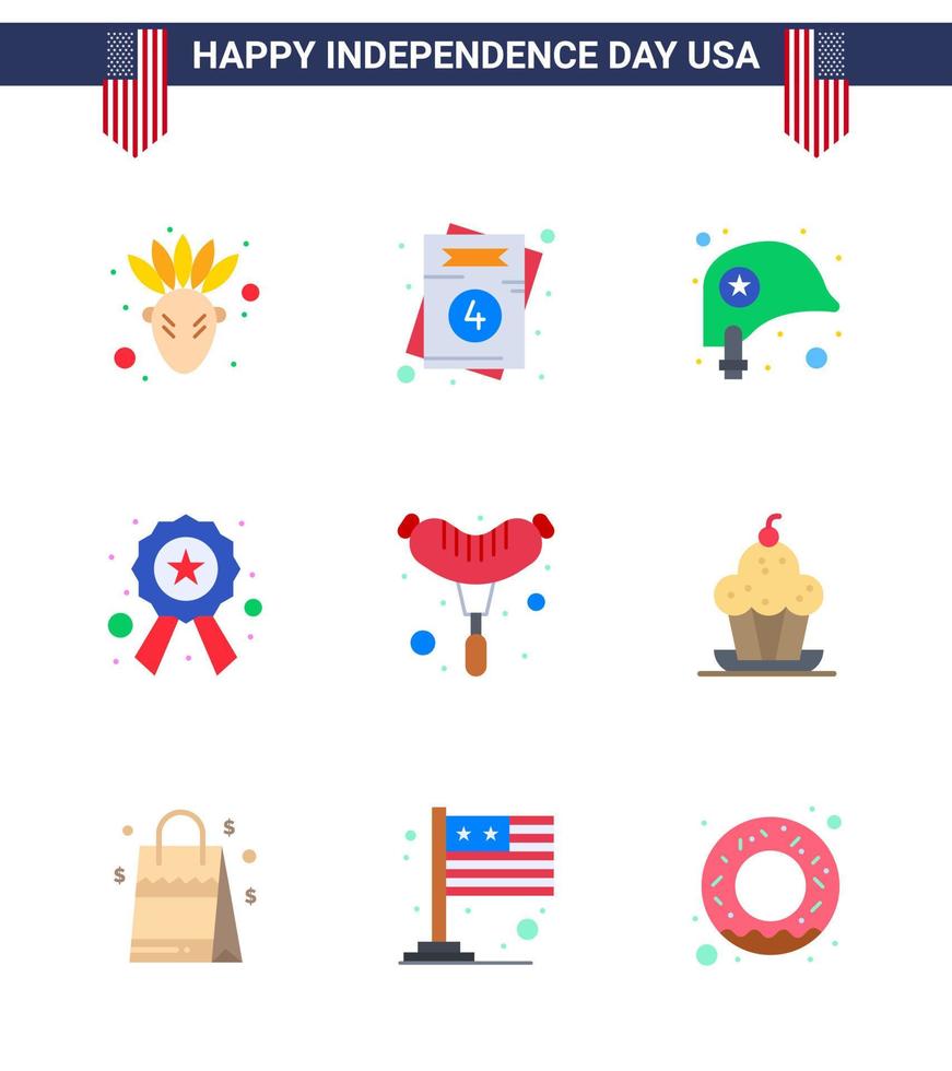 9 USA Flat Signs Independence Day Celebration Symbols of sausage food helmet sign police Editable USA Day Vector Design Elements