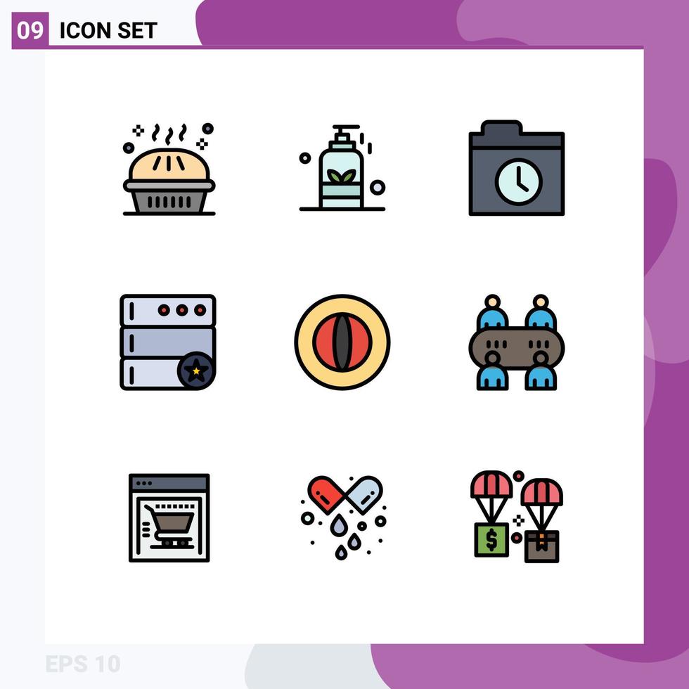 Pack of 9 creative Filledline Flat Colors of coin server spa favorite history Editable Vector Design Elements