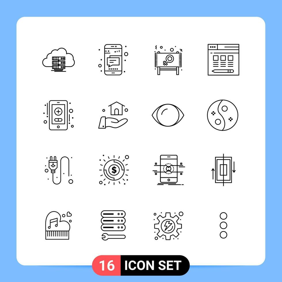 16 Line Black Icon Pack Outline Symbols for Mobile Apps isolated on white background 16 Icons Set vector