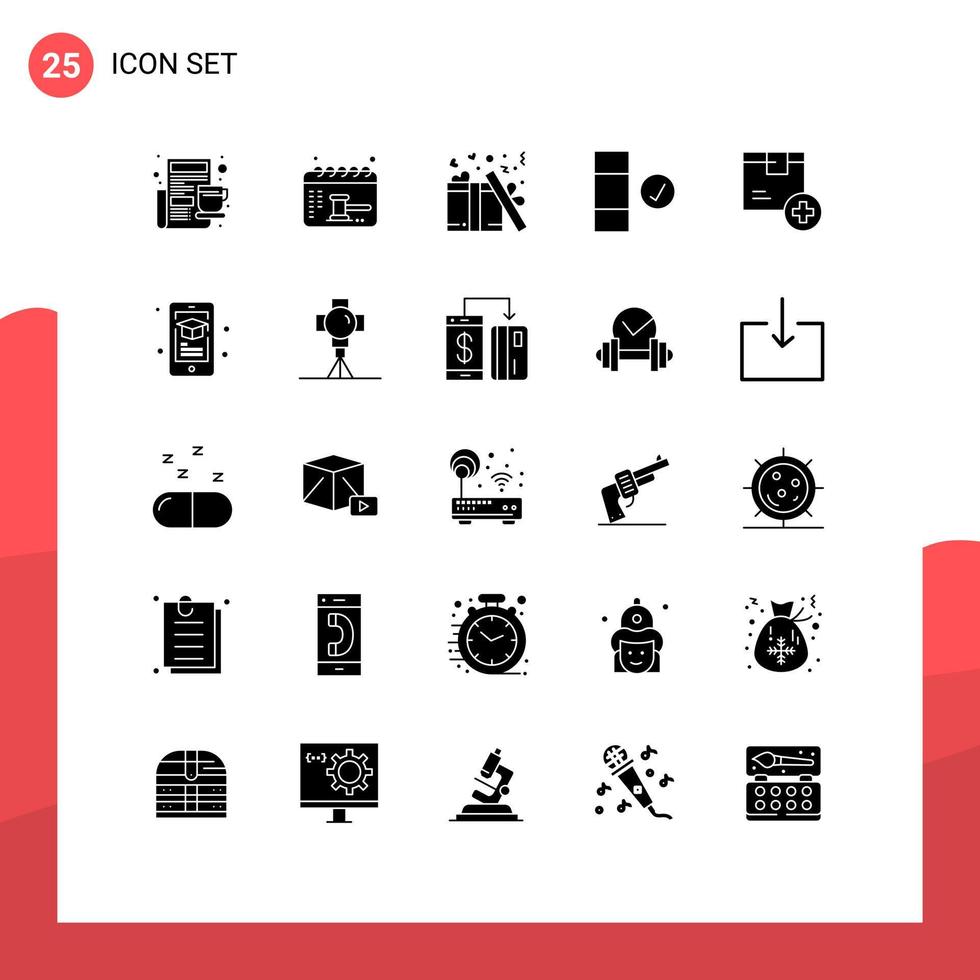 User Interface Pack of 25 Basic Solid Glyphs of delivery add gift data check Editable Vector Design Elements