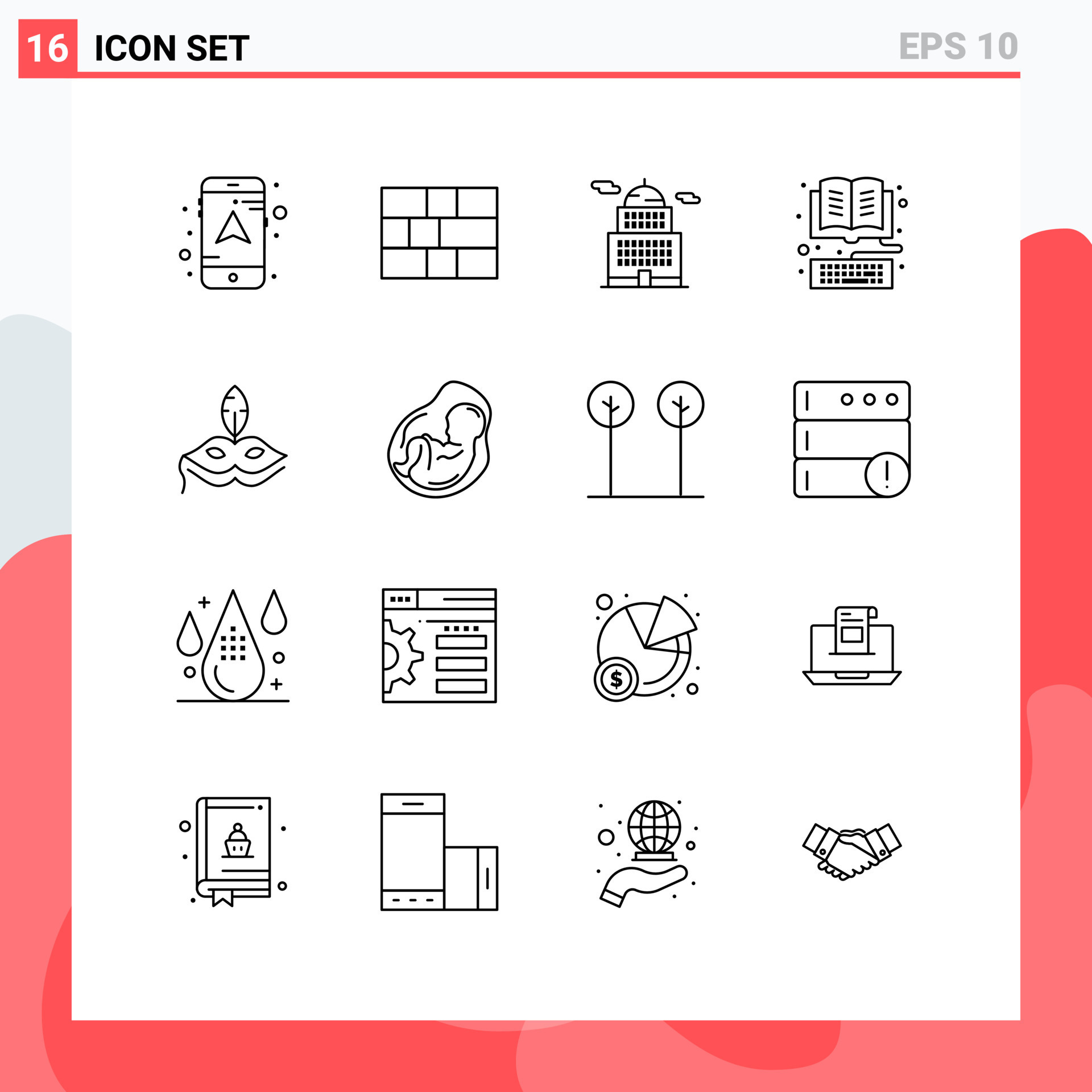 Set of 16 modern ui icons symbols signs for venetian mask government