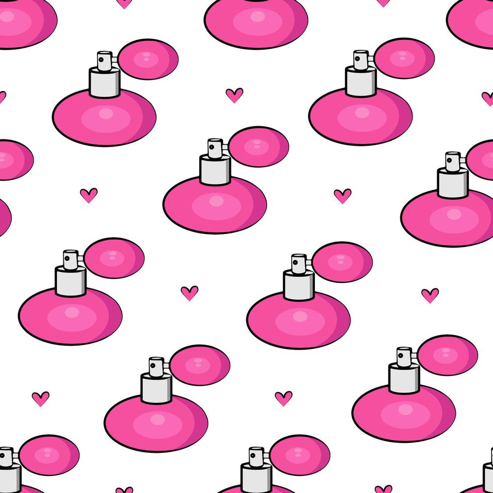 Bottles of perfume seamless pattern. Illustration for printing, backgrounds, covers and packaging. Image can be used for greeting cards, stickers and textile. Isolated on white background. vector