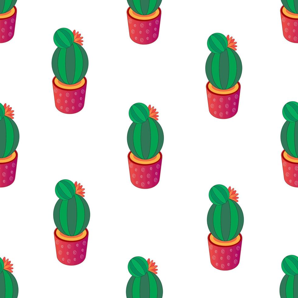 Cactus with flower in pot seamless pattern. Illustration for printing, backgrounds, covers and packaging. Image can be used for greeting card, sticker and textile. Isolated on white background. vector