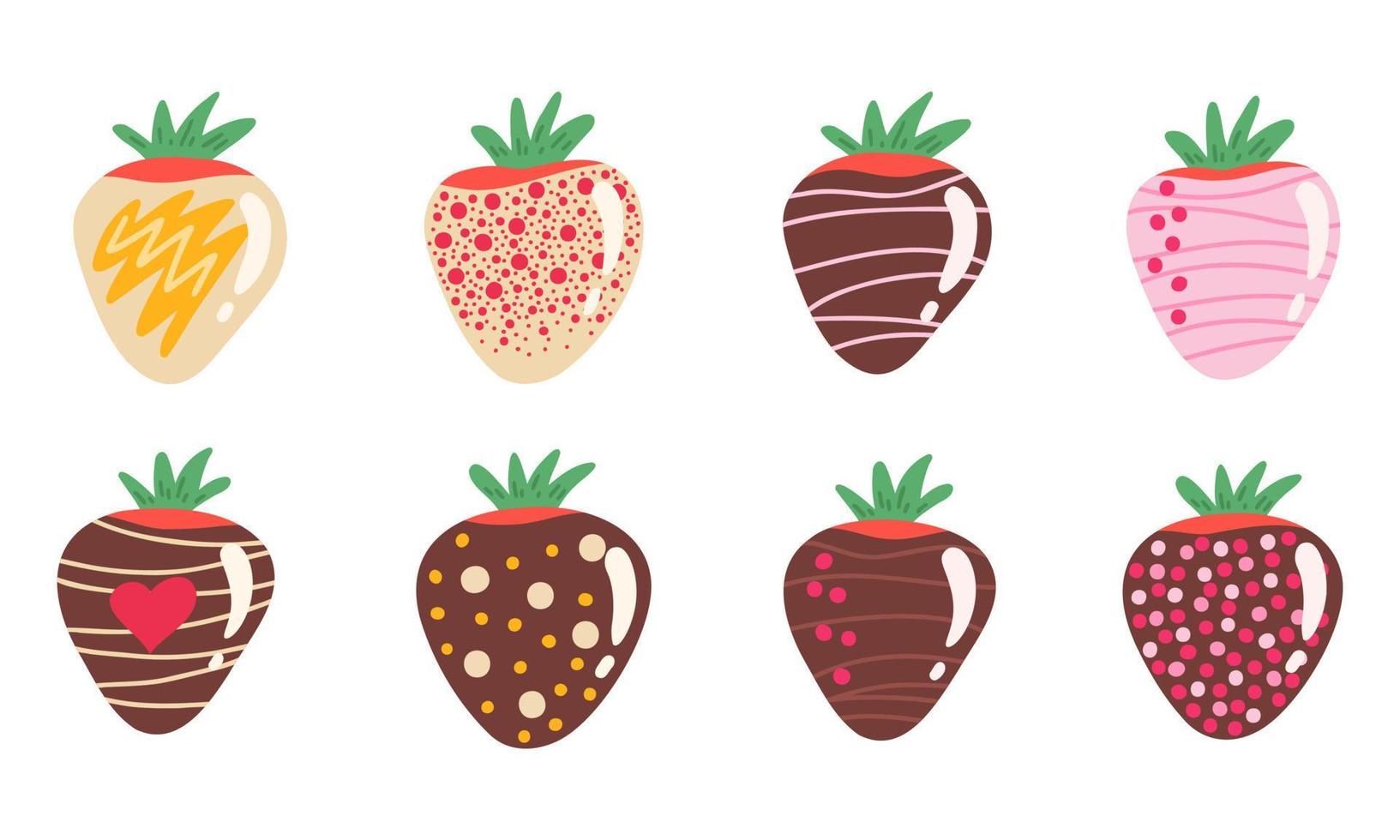 Strawberries in chocolate, big set. Illustration for backgrounds, covers and packaging. Image can be used for greeting cards, posters, stickers and textile. Isolated on white background. vector