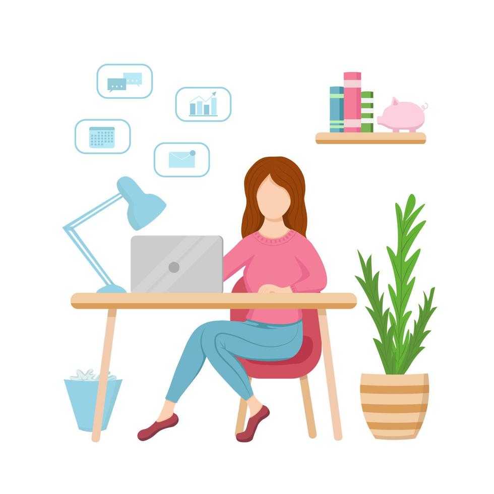 Work at home, freelance, girl with laptop. Illustration for printing, backgrounds, covers and packaging. Image can be used for posters, stickers and textile. Isolated on white background. vector
