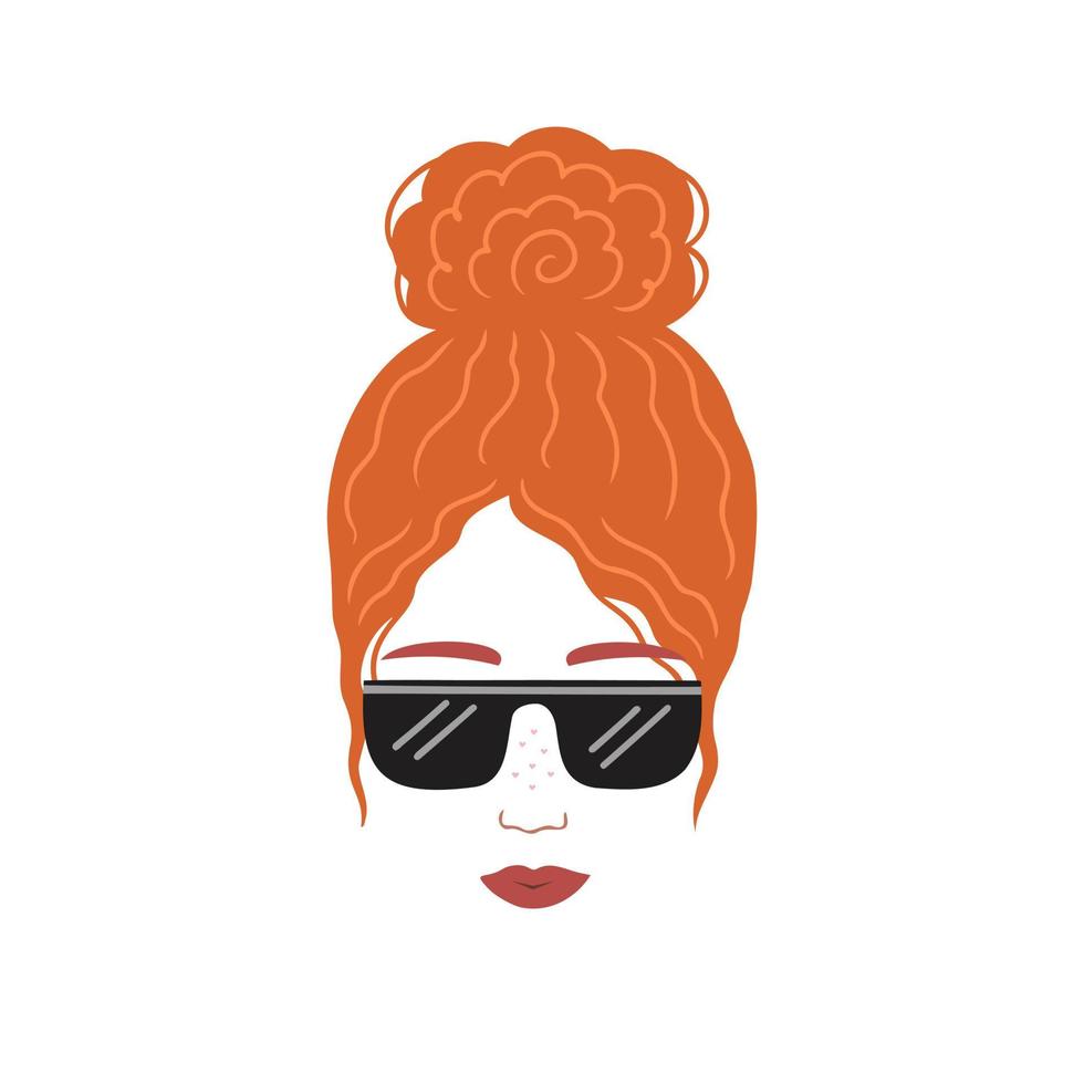 chica de pelo rizado rojo con gafas de sol. ilustración para impresión, fondos y embalaje. la imagen se puede utilizar para tarjetas de felicitación, carteles, pegatinas y textiles. aislado sobre fondo blanco. vector