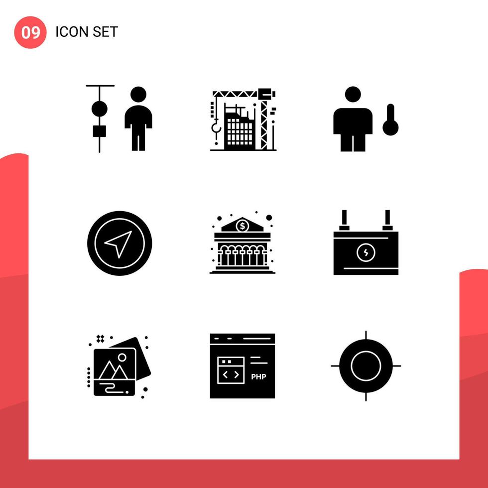 Modern Set of 9 Solid Glyphs and symbols such as pointer location interior temperature degrees Editable Vector Design Elements