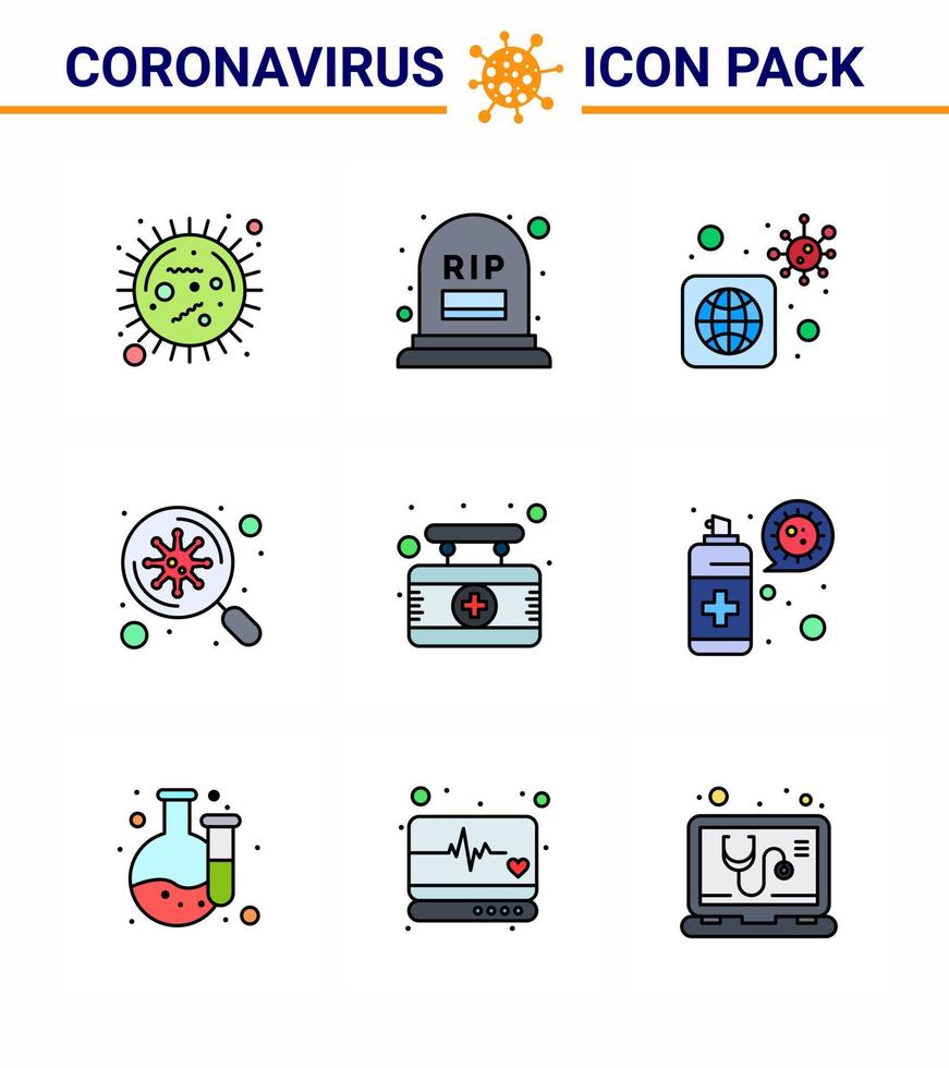 Conjunto de 9 colores planos de línea rellena de iconos epidémicos del virus de la corona, como la búsqueda de rasgadura del virus de la placa, los elementos de diseño del vector de la enfermedad del coronavirus viral infectado 2019nov