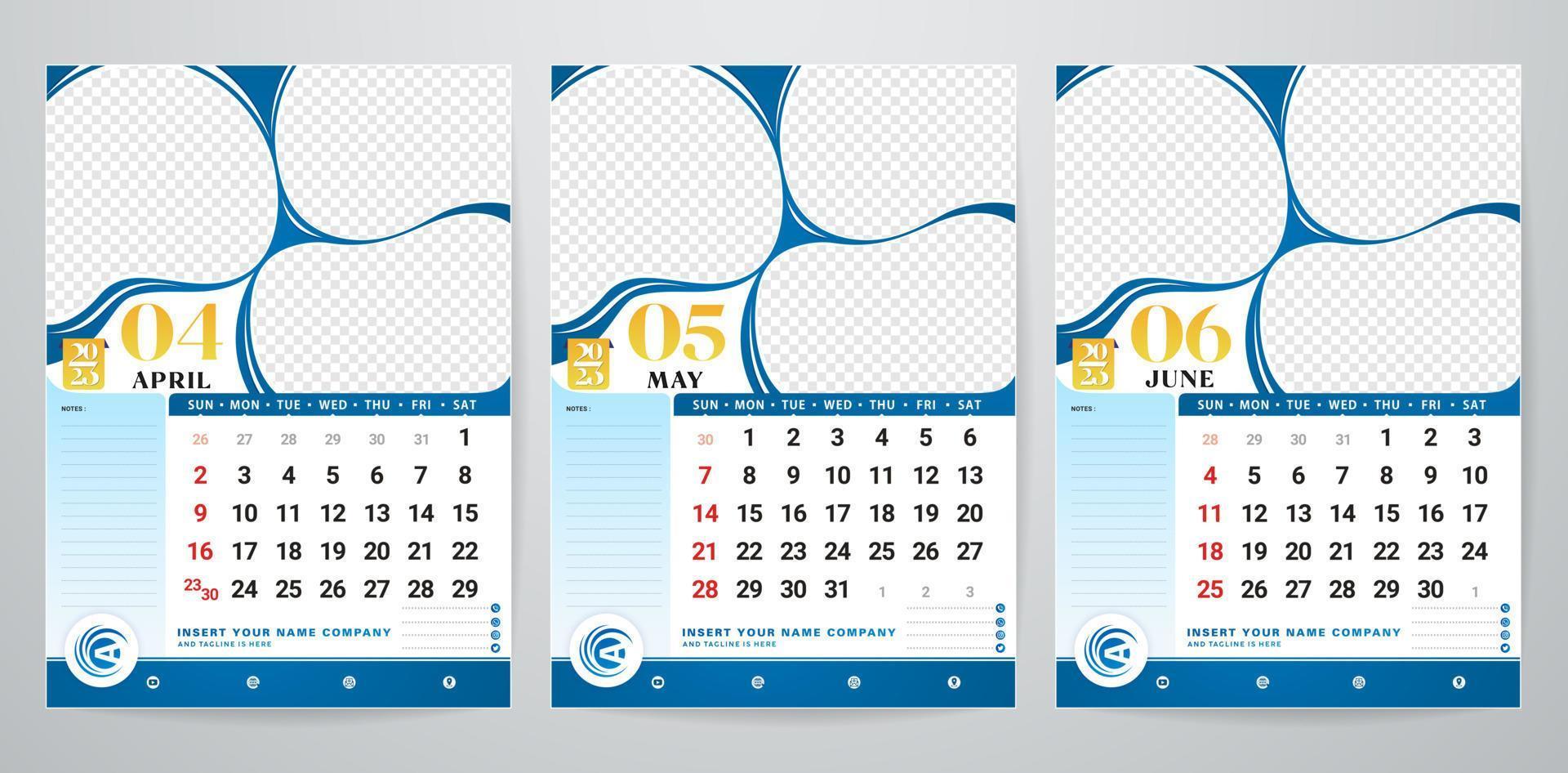 abril, mayo, junio de 2023 plantillas de calendario conceptos tercios meses establecidos para planificador de oficina, plantilla de planificador de diseño corporativo. conceptos de calendario de eventos, catálogo de proyectos mínimos, listo para imprimir en papel vector