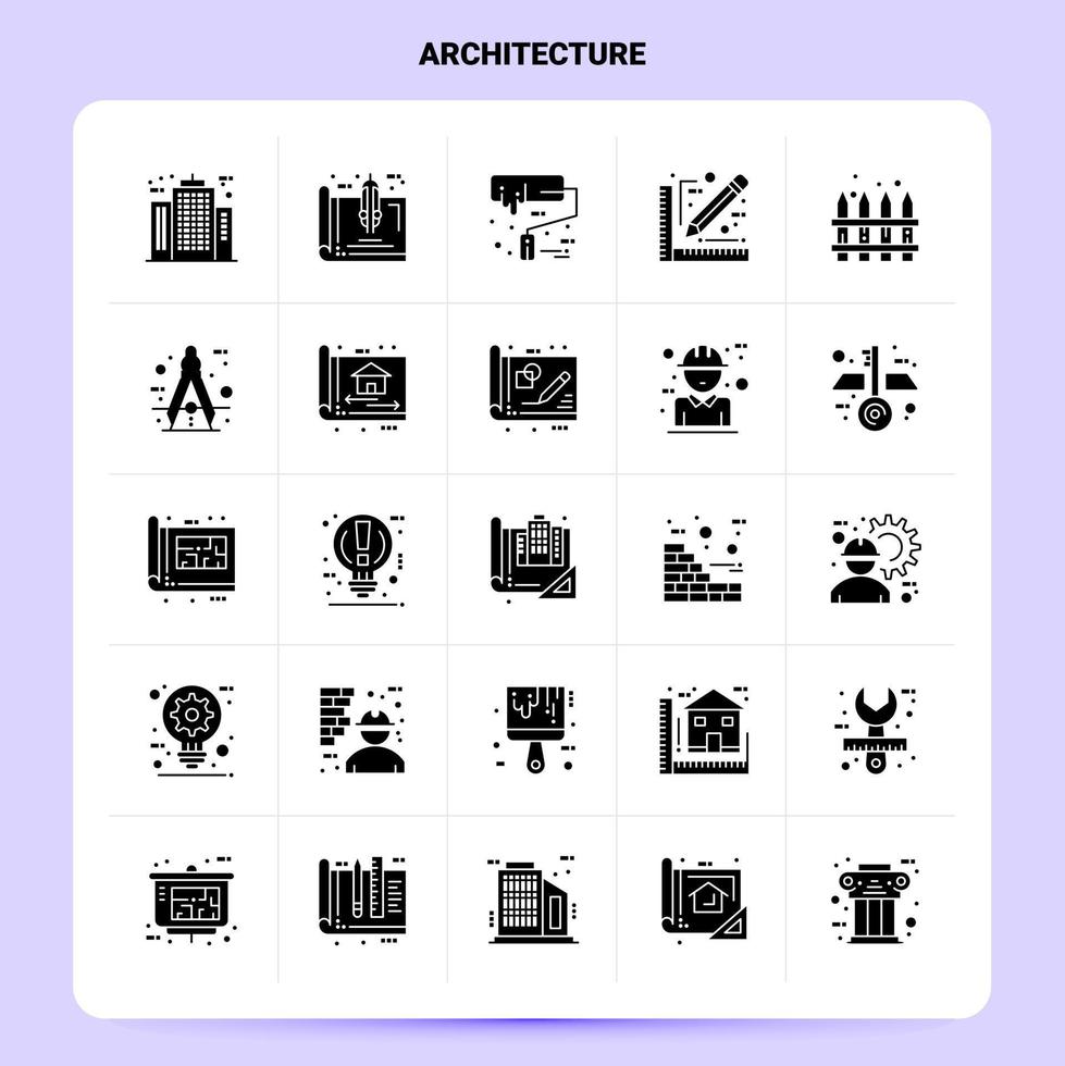 sólido 25 conjunto de iconos de arquitectura. conjunto de iconos negros de diseño de estilo de glifo vectorial. ilustración vectorial de diseño de ideas de negocios web y móviles. vector