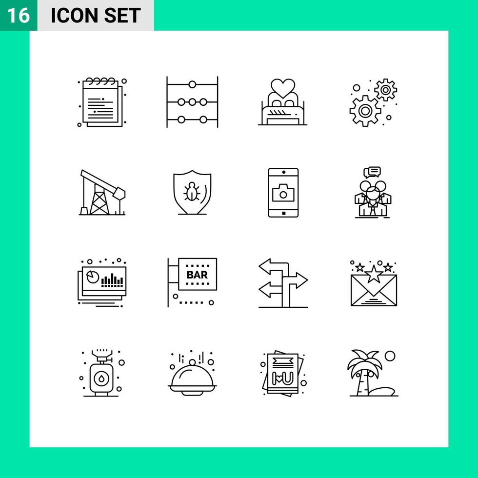 Group of 16 Modern Outlines Set for construction gears bed development valentine night Editable Vector Design Elements