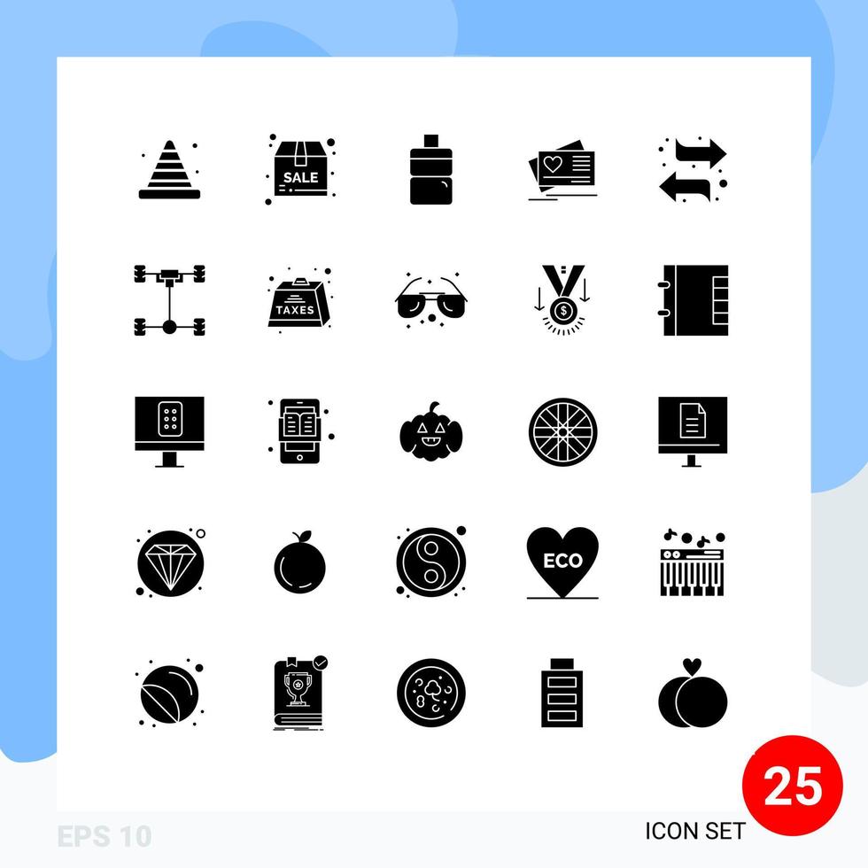 grupo de 25 signos y símbolos de glifos sólidos para flechas izquierdas descuento amor de boda elementos de diseño vectorial editables vector