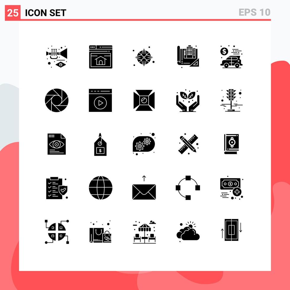 Modern Set of 25 Solid Glyphs and symbols such as banking construction compass blueprint building Editable Vector Design Elements