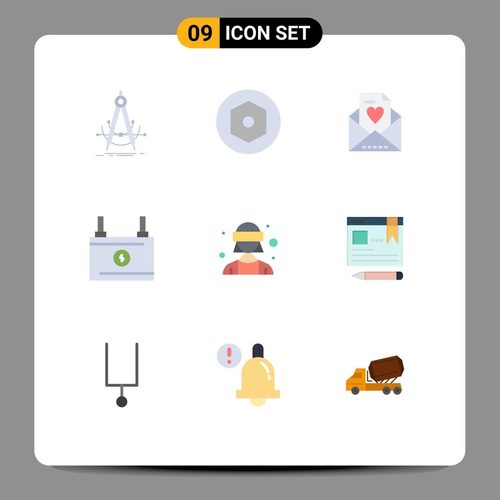 Mobile Interface Flat Color Set of 9 Pictograms of virtual reality avatar email power battery Editable Vector Design Elements