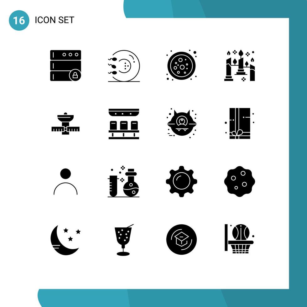 16 Solid Glyph concept for Websites Mobile and Apps satelite gps atom light candles Editable Vector Design Elements