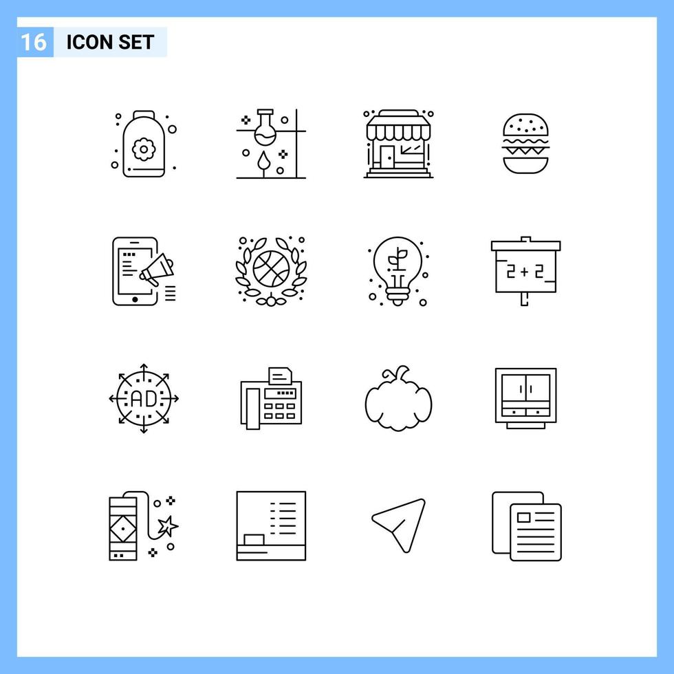 16 Universal Outline Signs Symbols of advertisement eat science lab food store Editable Vector Design Elements