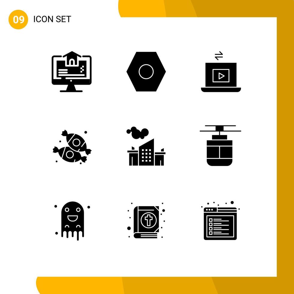 9 Universal Solid Glyph Signs Symbols of landscape factory video sweets dessert Editable Vector Design Elements
