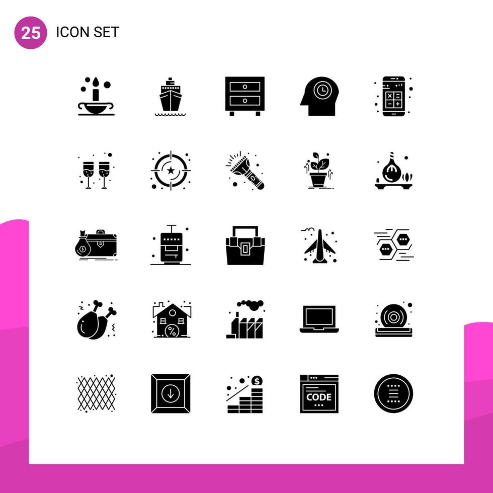 25 Universal Solid Glyph Signs Symbols of apps add cabinet time face Editable Vector Design Elements