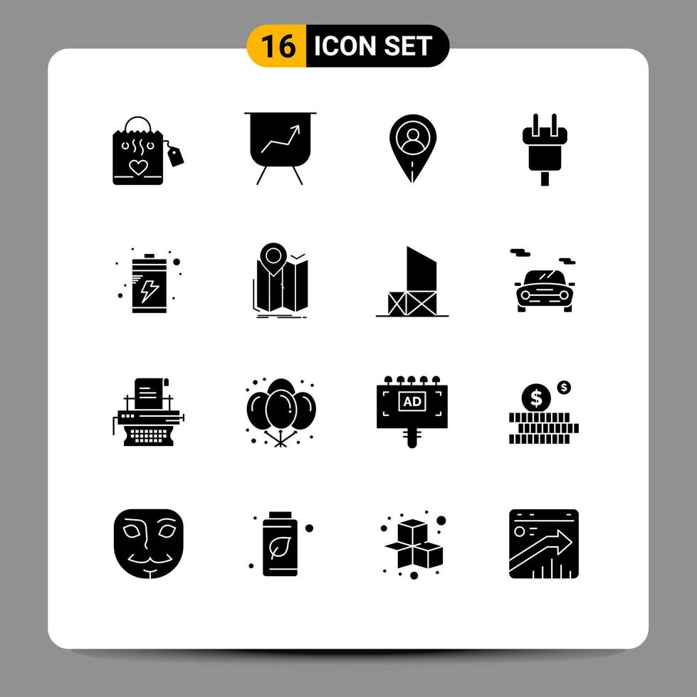 User Interface Pack of 16 Basic Solid Glyphs of gps charge user battery electric Editable Vector Design Elements