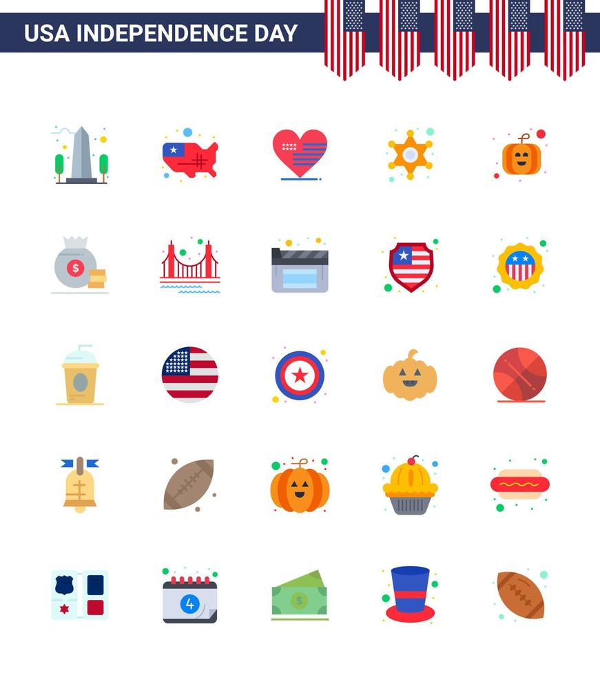 Happy Independence Day 4th July Set of 25 Flats American Pictograph of american star usa police flag Editable USA Day Vector Design Elements