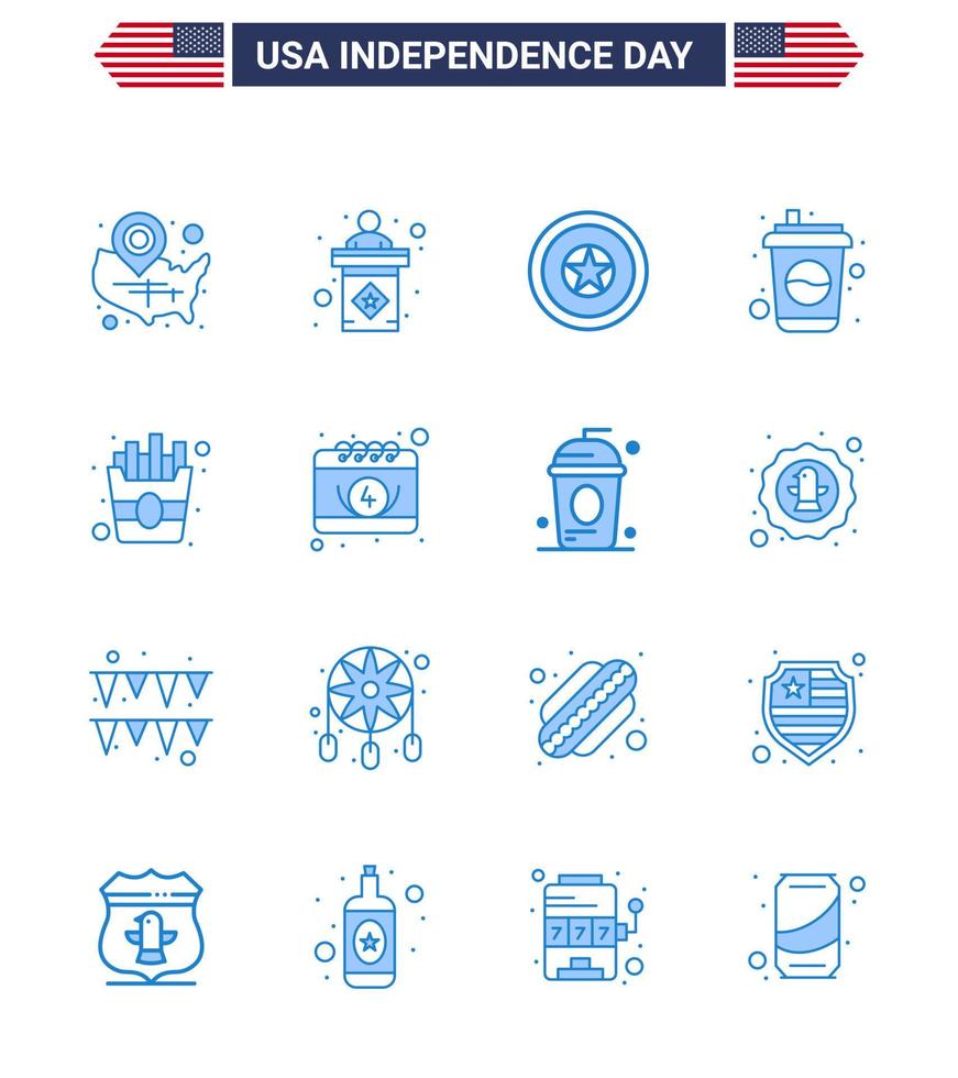 Happy Independence Day USA Pack of 16 Creative Blues of fast drink sign cola medal Editable USA Day Vector Design Elements