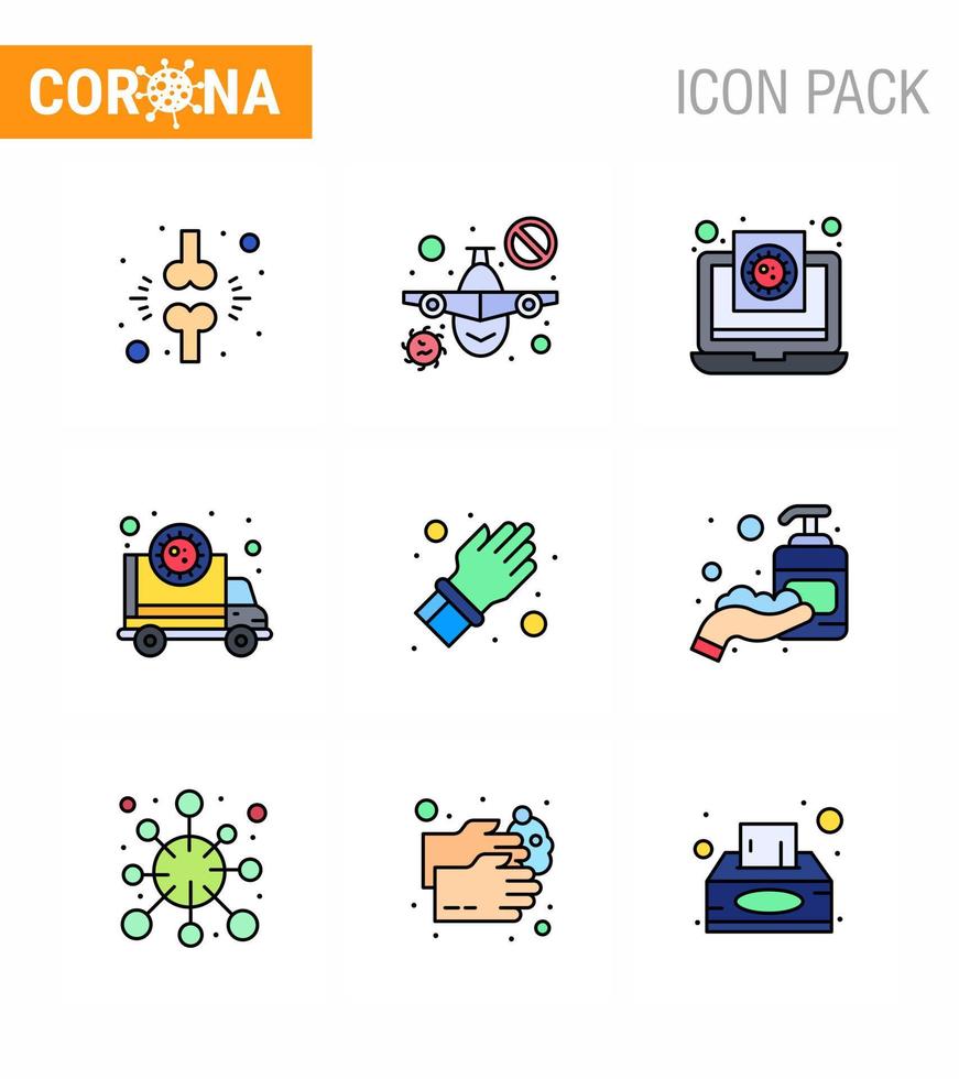 corona virus prevención covid19 consejos para evitar lesiones 9 línea llena icono de color plano para presentación transmisión corona advertencia ambulancia informe coronavirus viral 2019nov enfermedad vector diseño e